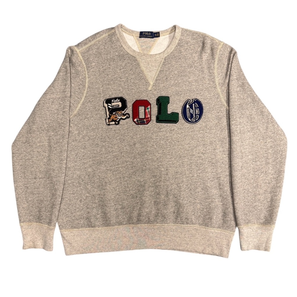 Vintage 90s POLO Chenille Patch Logo Crewneck Sweater - Heather Grey XXL - Picture 2 of 5
